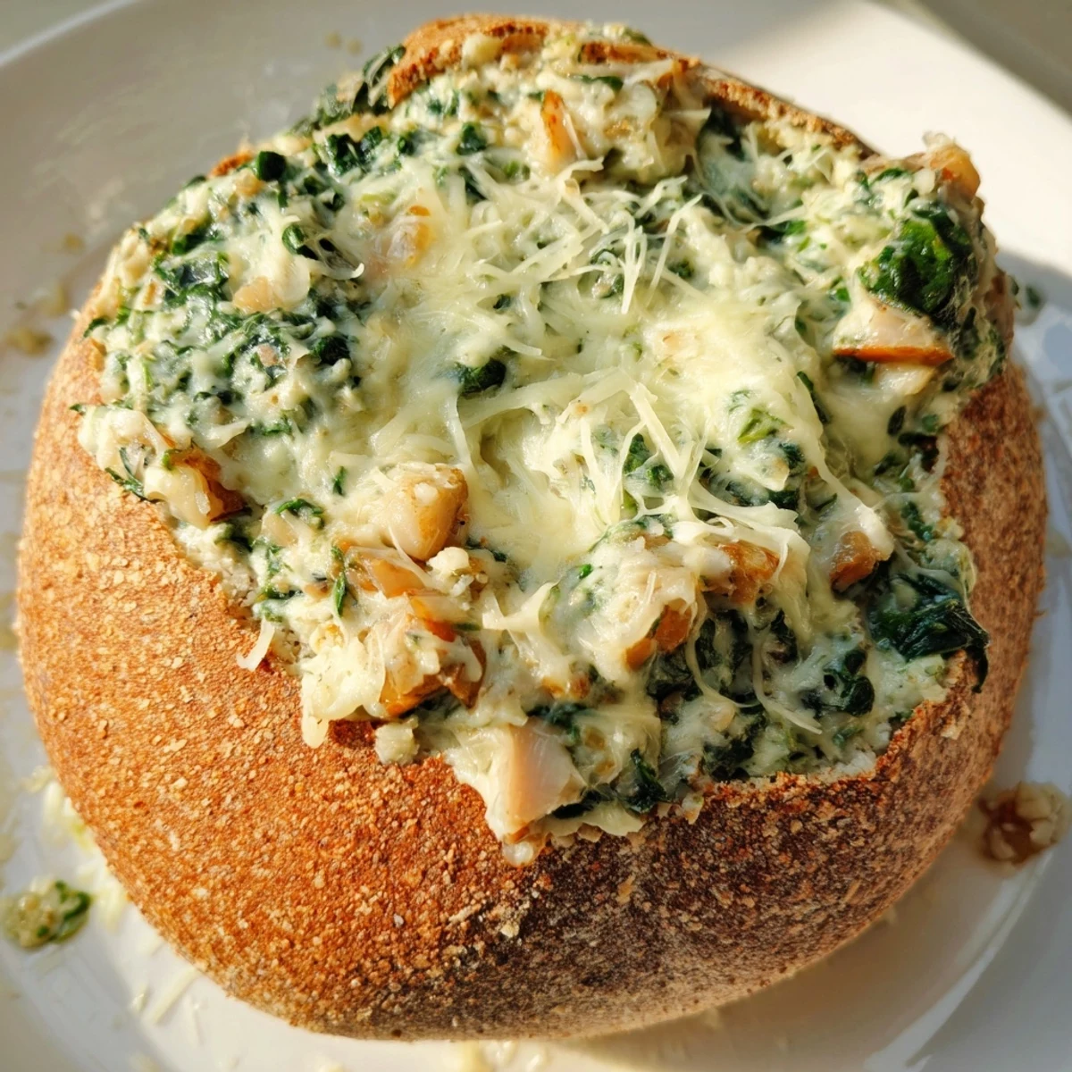 A savory, homemade Best-Ever Spinach Dip fills a toasted sourdough bread bowl, a party favorite appetizer.