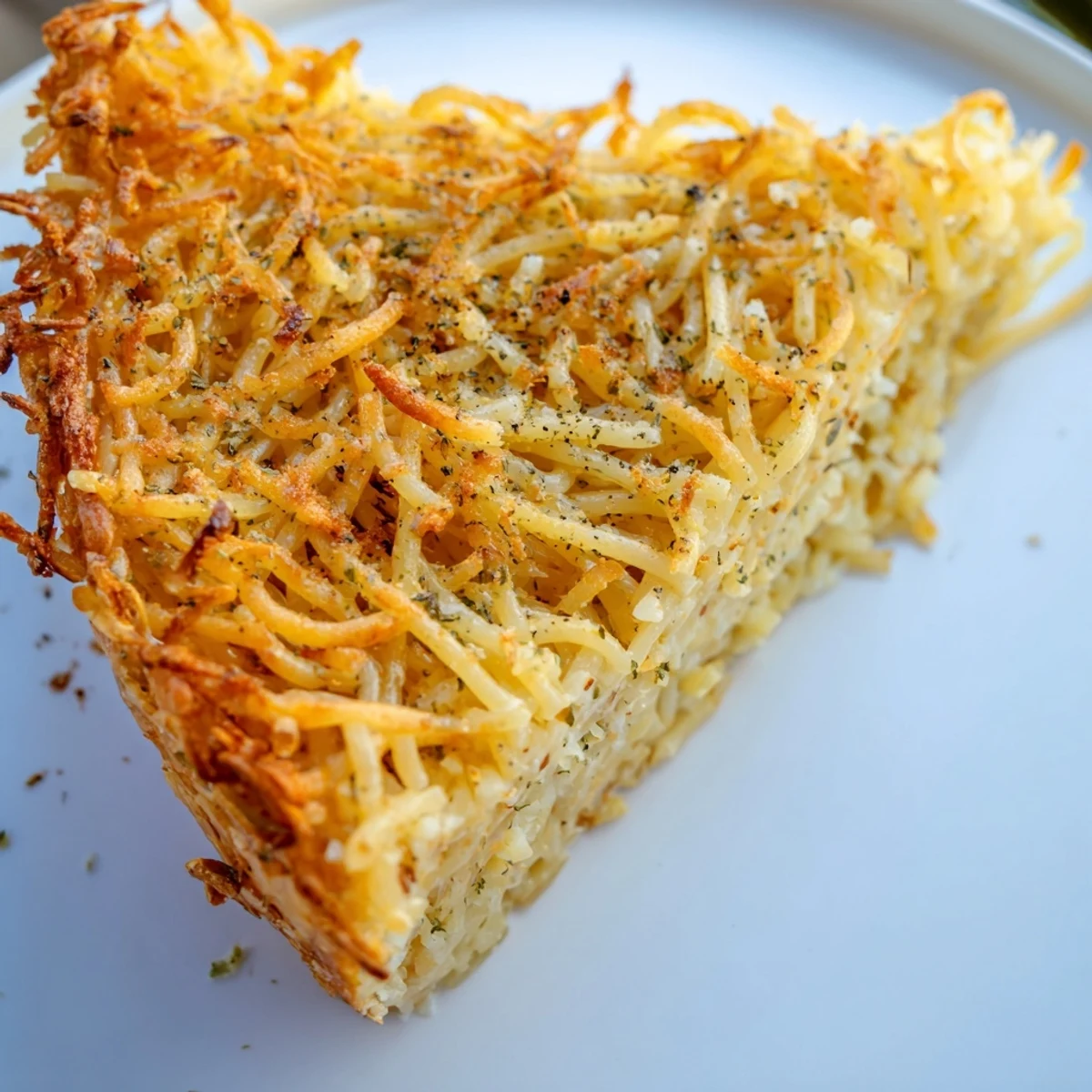 Golden, crisp Cacio e Pepe Pasta Pie, a comforting vegetarian main course with cheese.