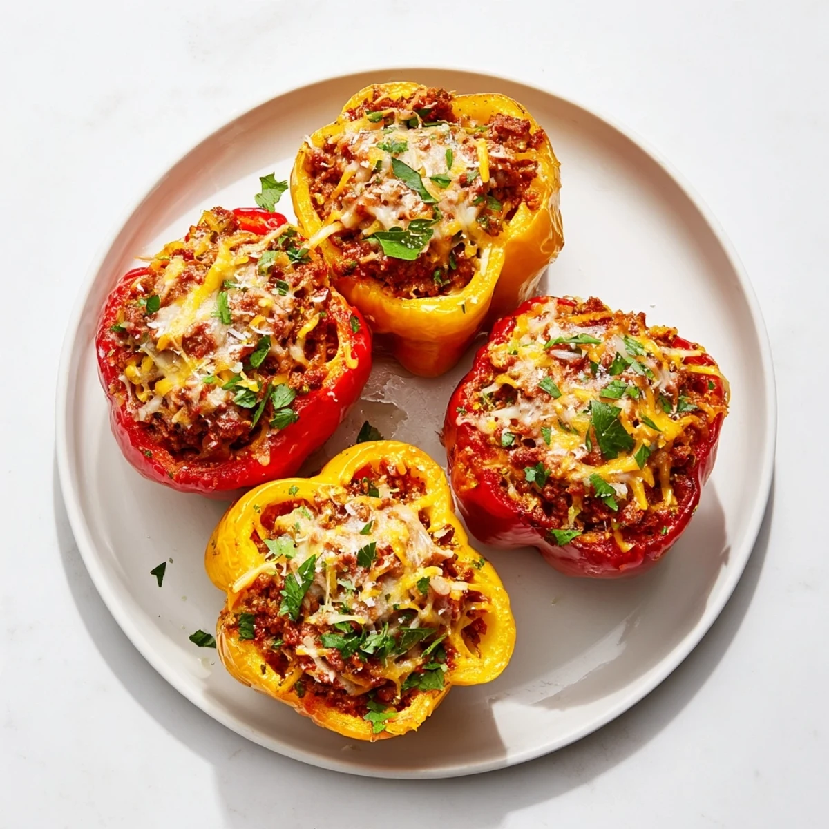 A close-up of baked Sloppy Joe stuffed bell peppers that are vibrant and steaming, a family favorite.