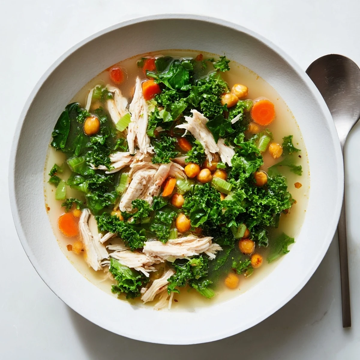 Golden-brown crispy chickpeas top a steaming bowl of hearty Chicken Kale Soup, deliciously inviting.