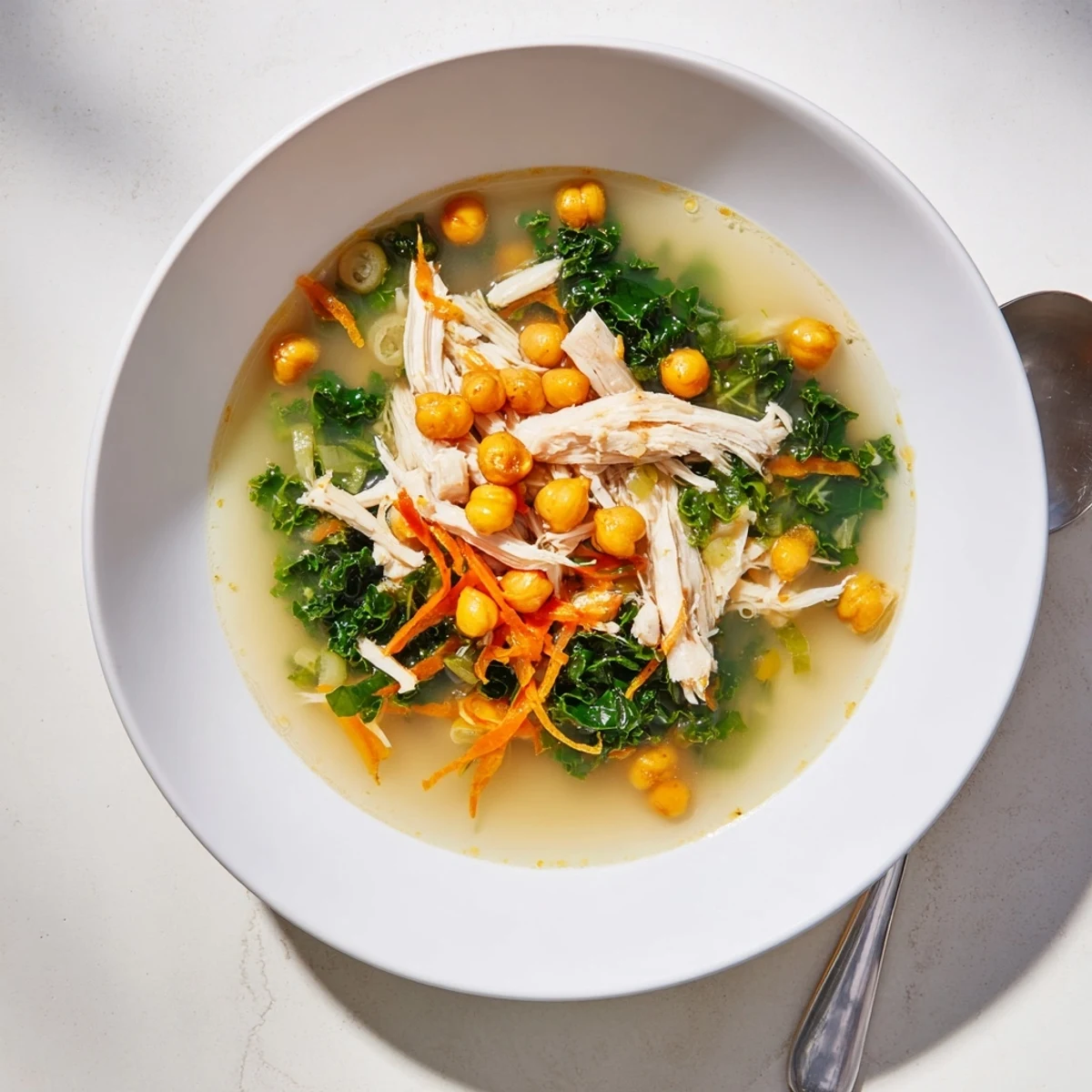 A close-up shot of homemade Chicken Kale Soup, showcasing tender chicken and vibrant kale.