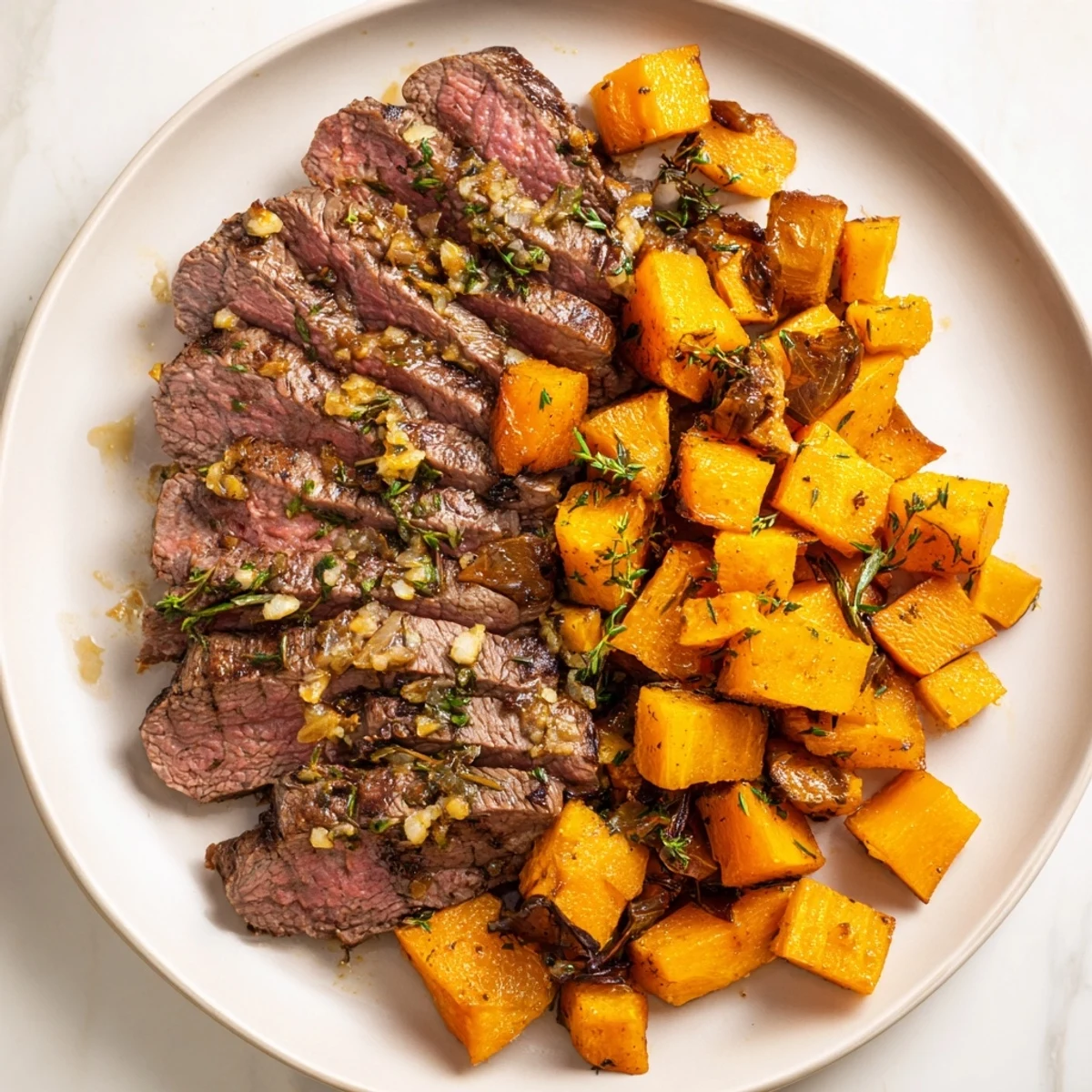 Juicy garlic-herb steak, glistening atop sweet roasted butternut squash bowls, ready to be enjoyed.