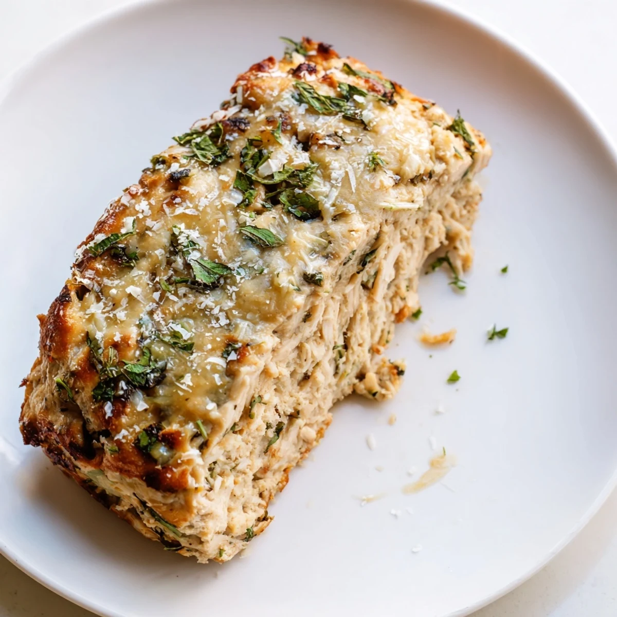 A close-up of a tender garlic Parmesan chicken meatloaf, topped with melted Parmesan butter glaze.