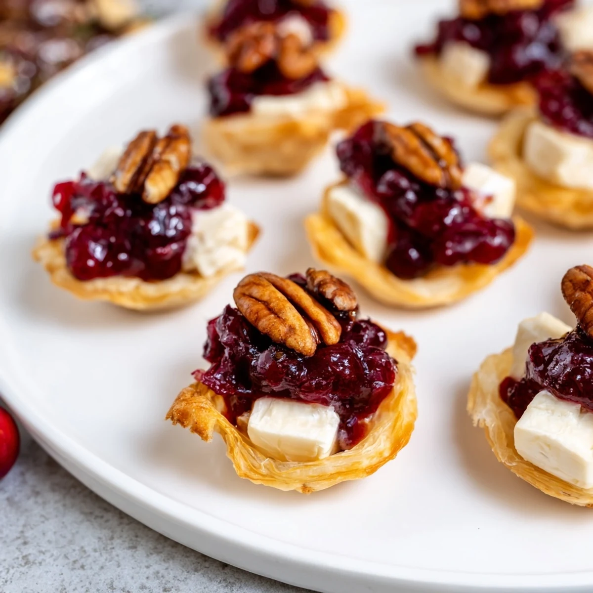 Warm Express Cranberry Sauce Brie Bites, topped with a pecan half and fragrant rosemary, ready to serve.