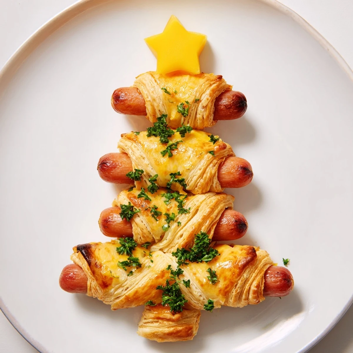 Golden, flaky Express Pigs in Blanket Christmas Tree arranged with a cheesy star on a baking sheet.