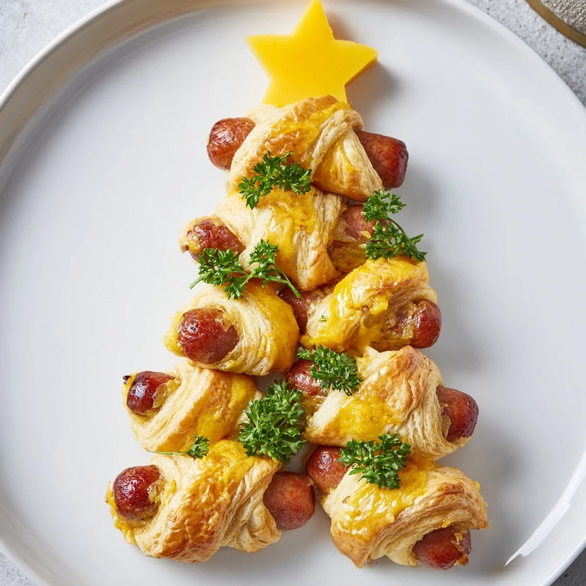 Mouthwatering holiday appetizer: puff pastry-wrapped Express Pigs in Blanket, ready to serve with mustard dip.