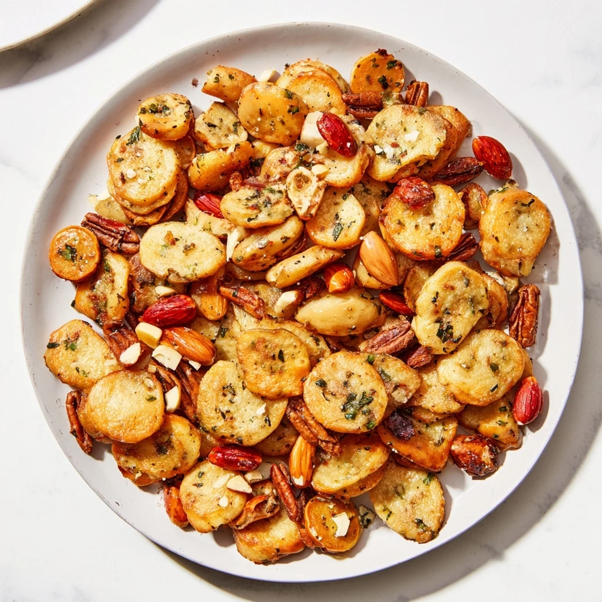 A close-up shot of the Air Fryer Bagel Chip Christmas Mix, showcasing crunchy textures and holiday colors.
