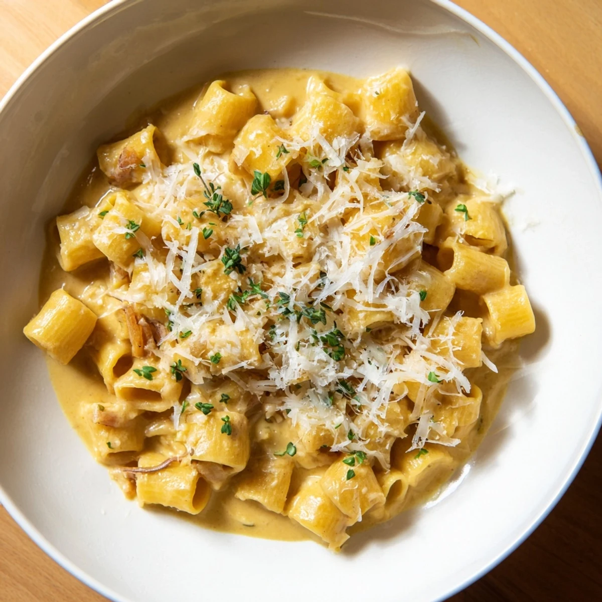 Golden-brown Creamy French Onion Ditalini, a warm bowl of pasta topped with melted Gruyère cheese.