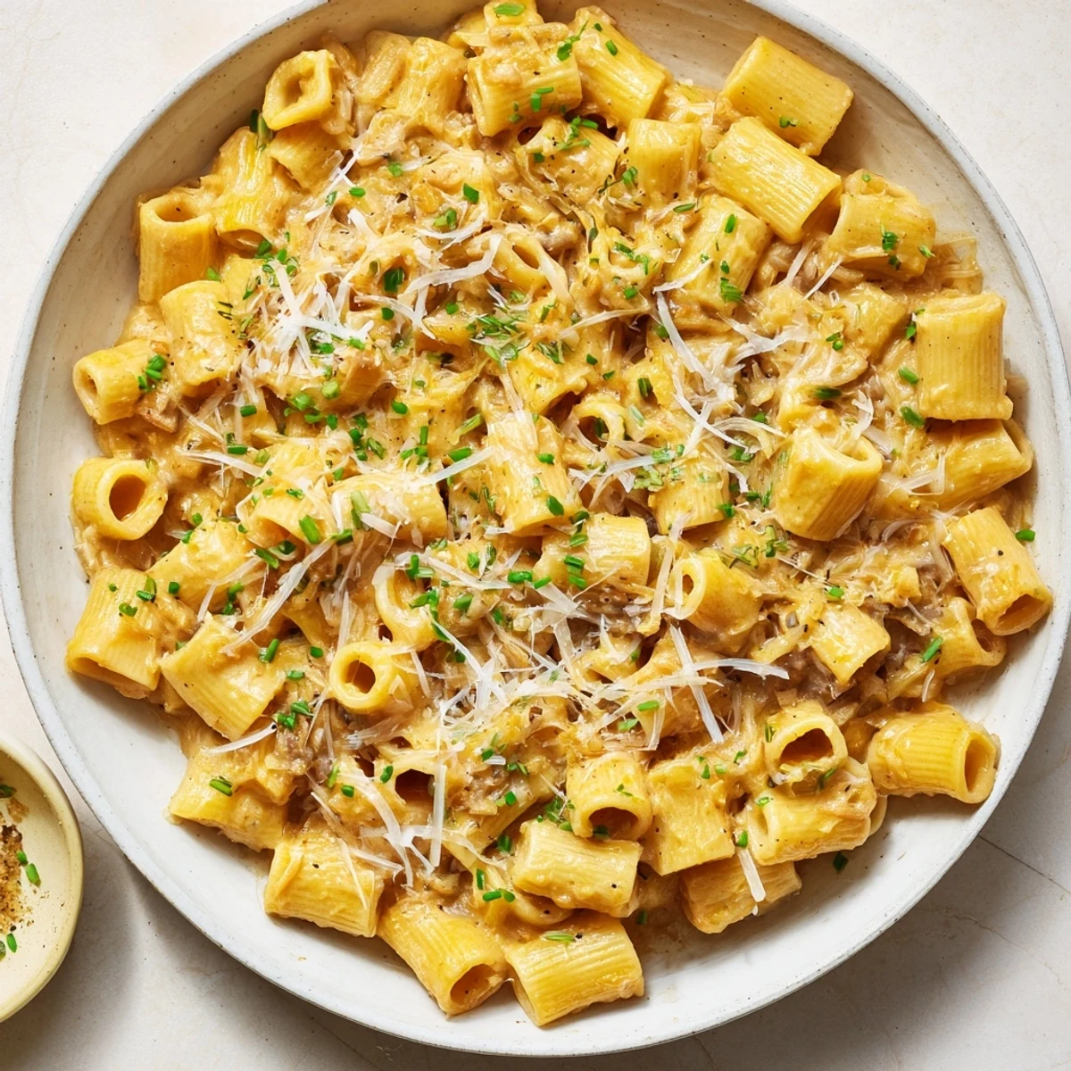 Close-up of bubbling, cheesy creamy French Onion Ditalini, with ditalini pasta and herbs for garnish.