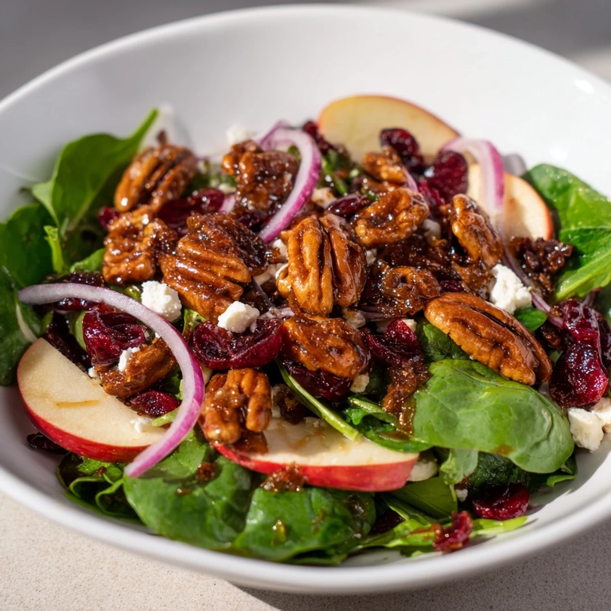 Bright, colorful bowl of Gingerbread spiced candied pecan salad; imagine the delightful blend of sweet and savory tastes.