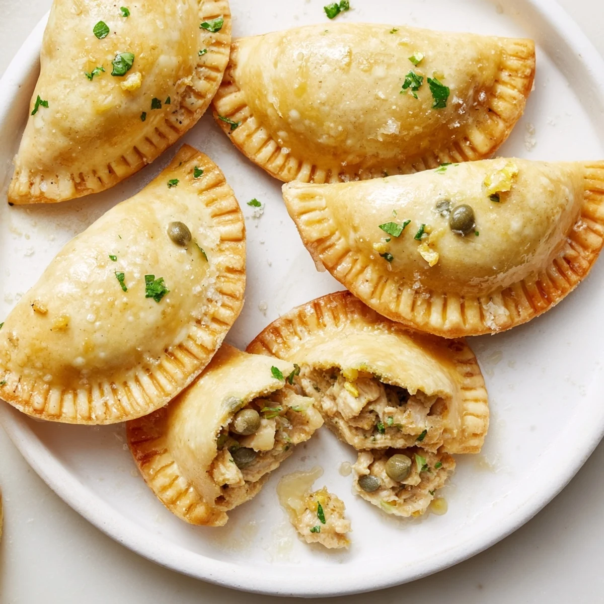 Golden, flaky Chicken Piccata Mini Hand Pies, filled with savory chicken, zesty lemon, and capers.