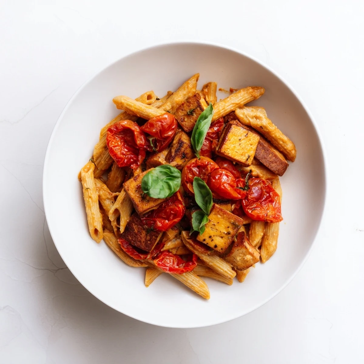 Freshly made and ready to eat: a vibrant bowl of Vegan Baked Tofu Feta Pasta.