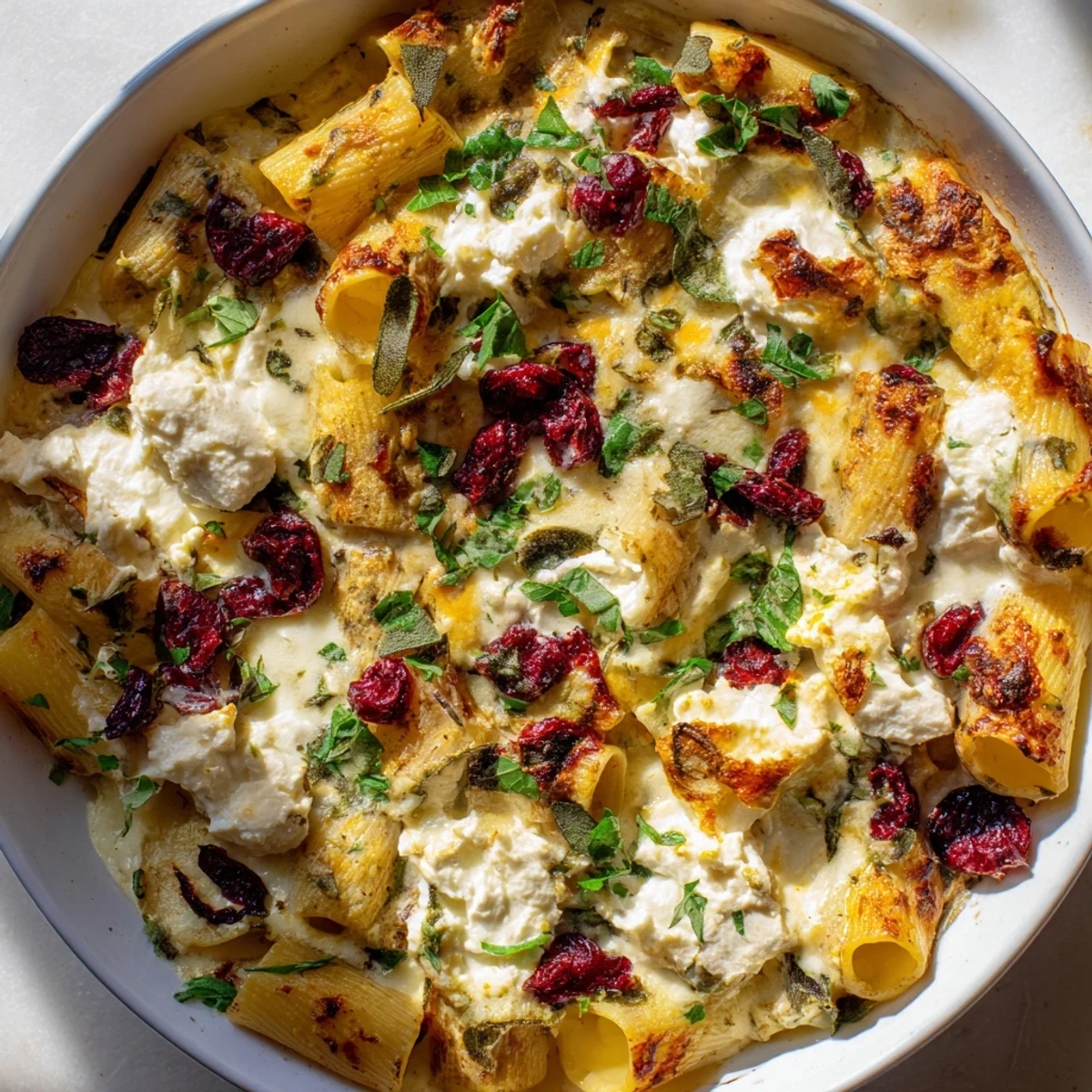 Imagine the warm aromas of the baked Cranberry-Sage Feta Pasta, with colorful cranberries and herbs.