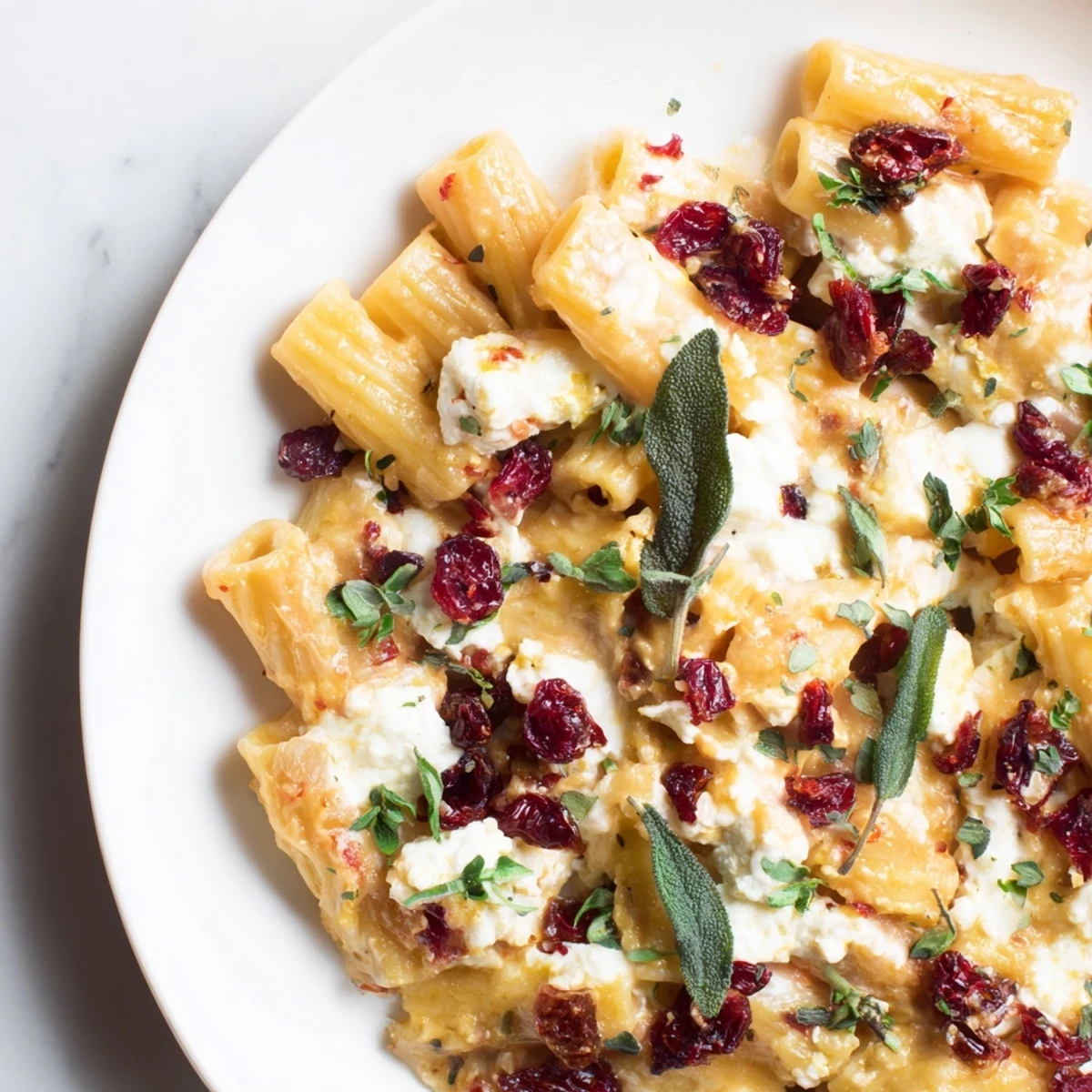 Golden, bubbly Cranberry-Sage Feta Pasta Bake, a savory baked pasta dish ready to serve.