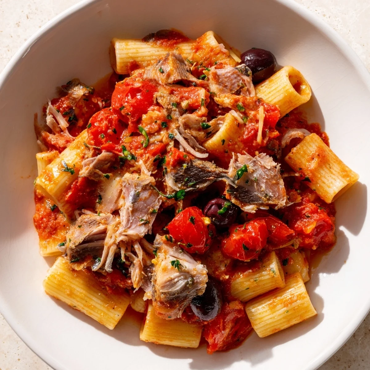 Close-up of steaming Puttanesca Ditalini: fresh parsley and lemon zest garnish the vibrant Italian dish.