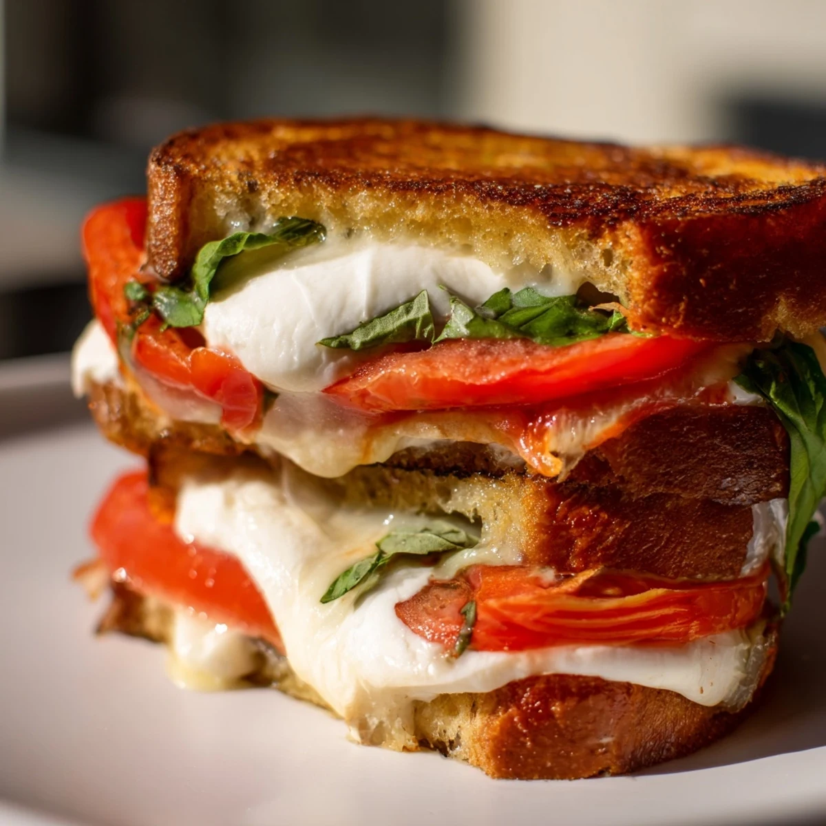 Buttery, toasted bread surrounds the vibrant Tomato Basil Burrata Stuffed Grilled Cheese, a delicious Italian-American dish.