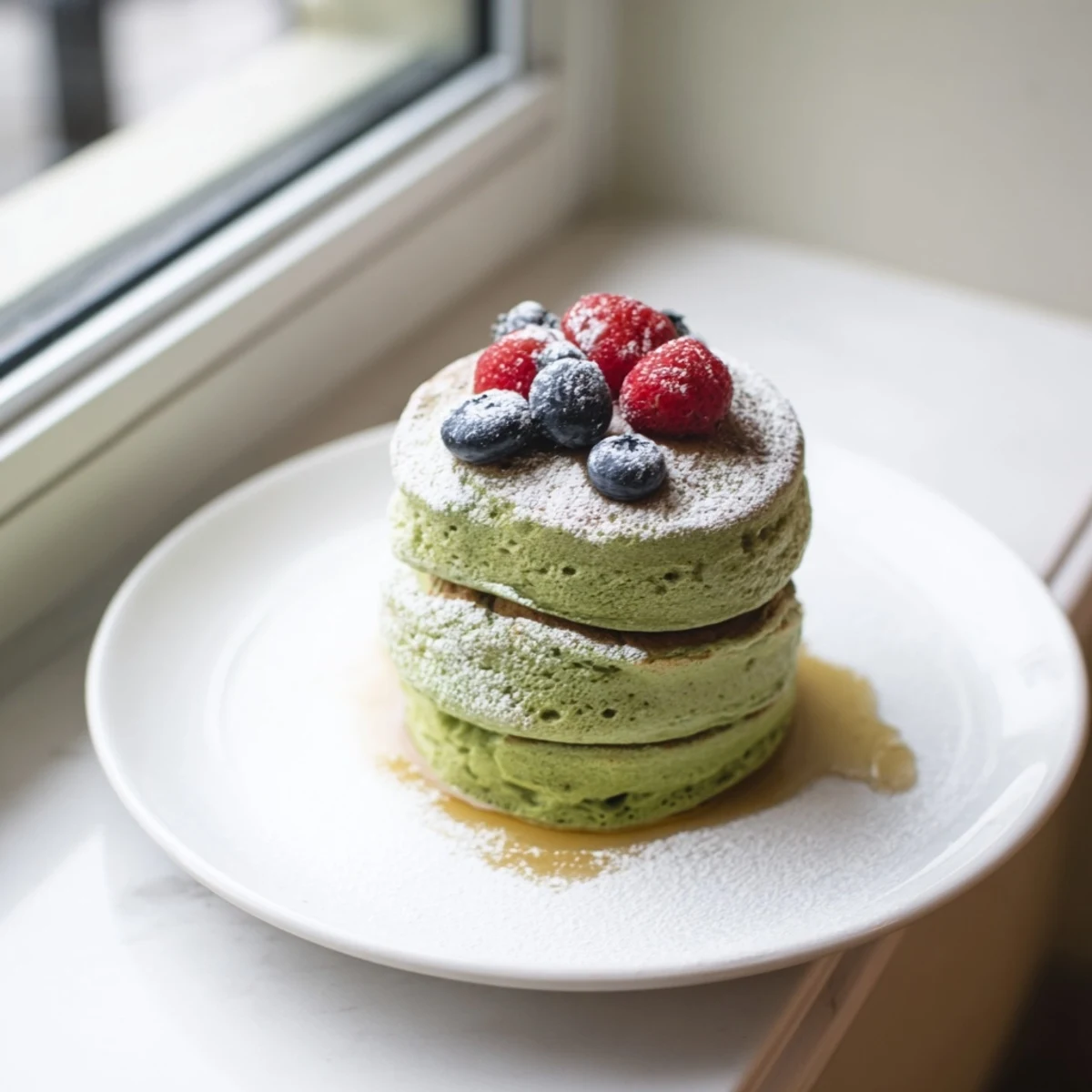 Fluffy egg white gingerbread matcha soufflé pancakes dusted with powdered sugar, ready for syrup.