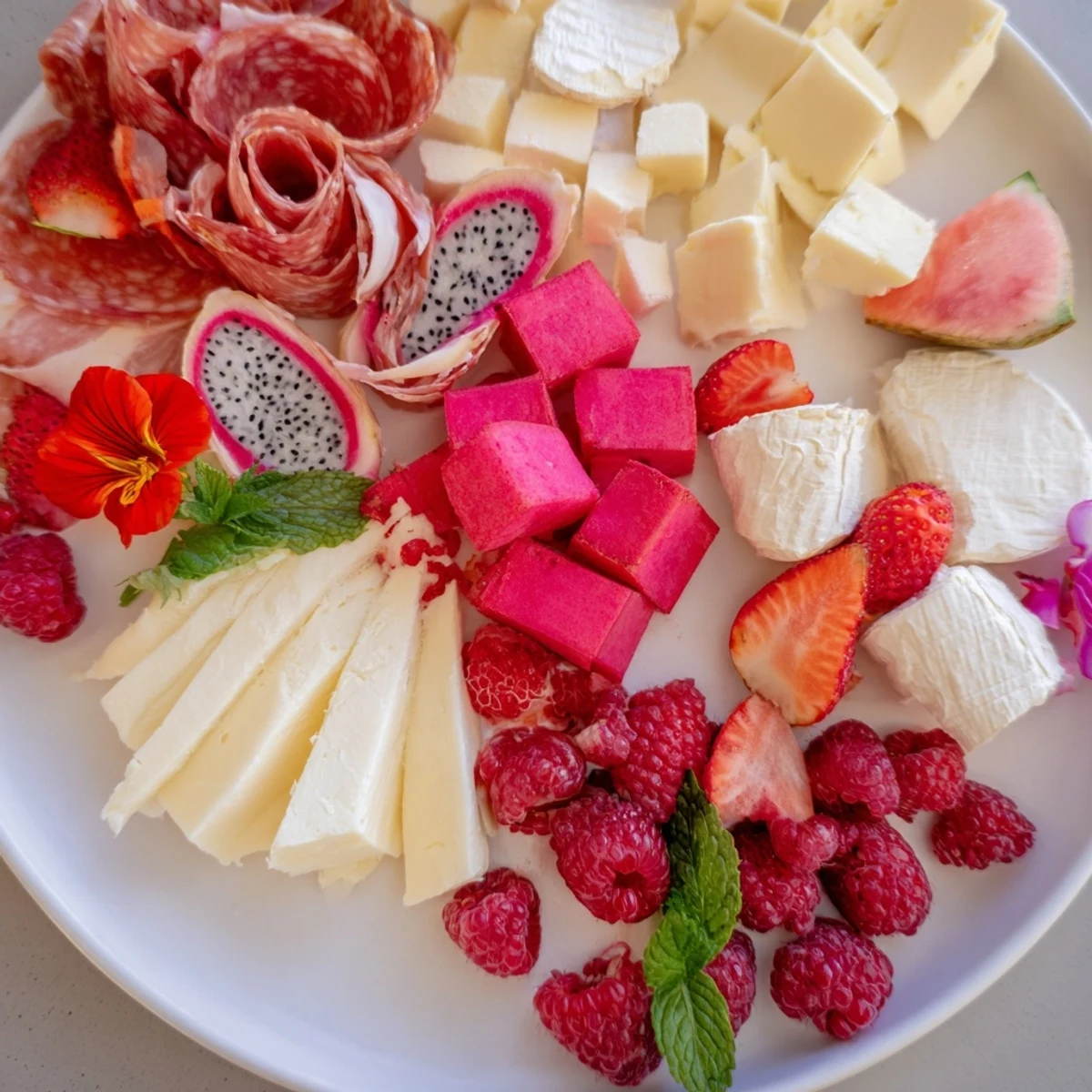 Eye-catching Flamingo Paradise Board with pink dragon fruit, berries, and delicious cheeses ready to serve.