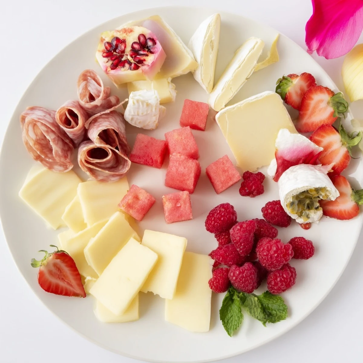 Flamingo Paradise Board: A colorful grazing board showcasing fresh fruits, cheeses, and charcuterie perfect for brunch.