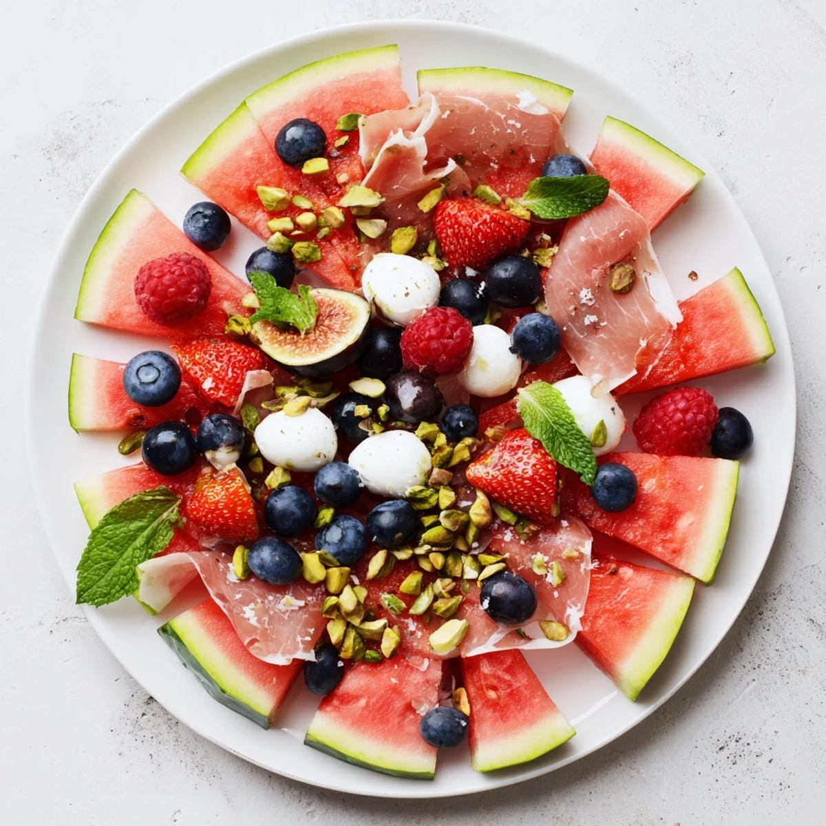 Gorgeous watermelon slice charcuterie features summer flavors: sweet juicy fruit, salty cheese and crunchy nuts.