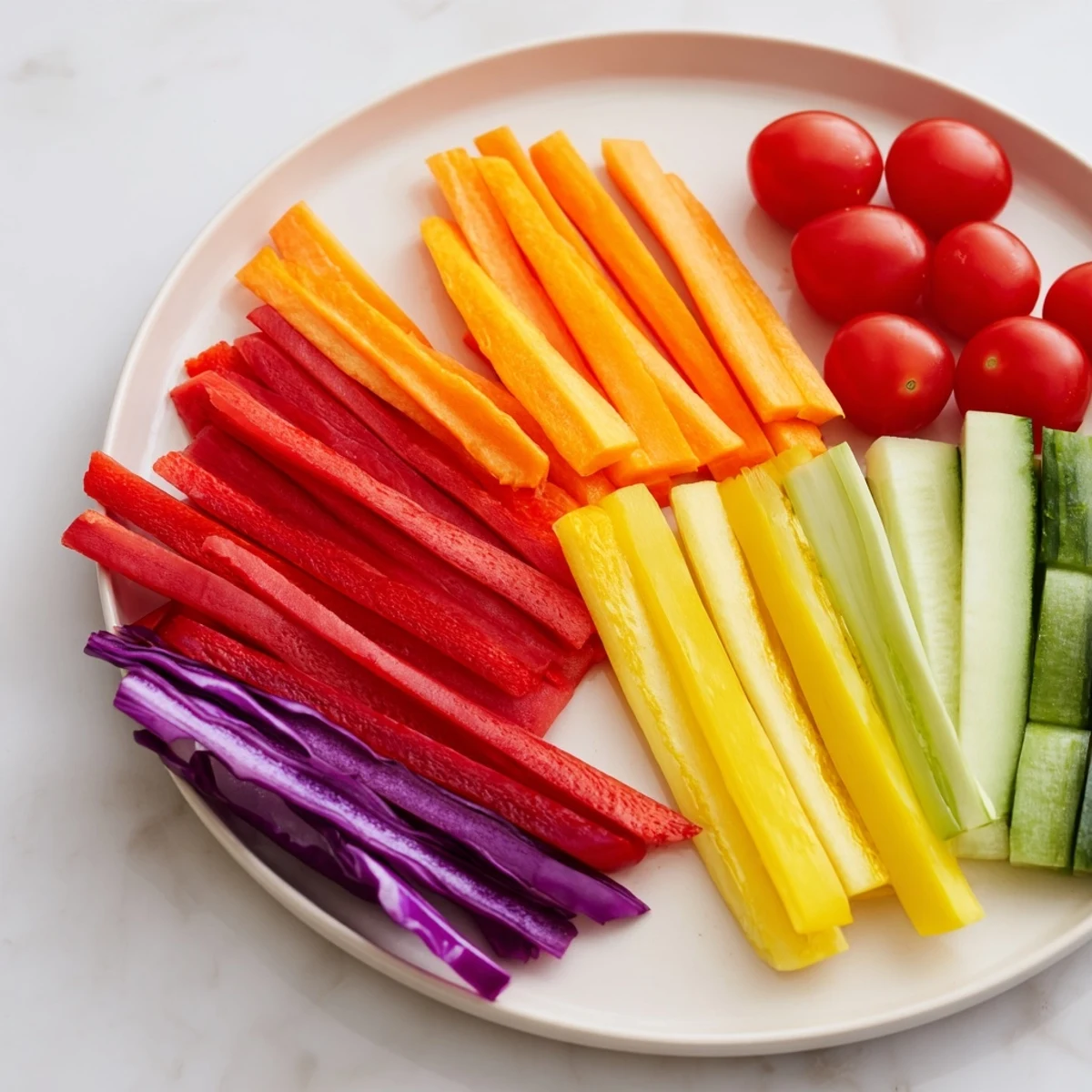 A visually stunning rainbow arch veggie sticks arrangement, featuring vibrant bell peppers, carrots, and tomatoes on display.