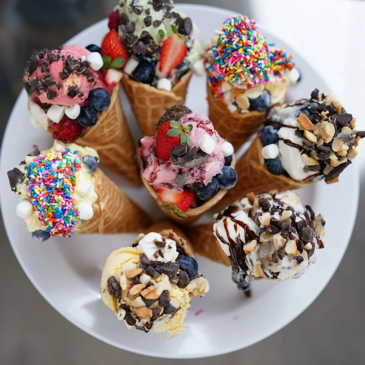 Mini ice cream cones overflow on a colorful grazing board, perfect for a fun Ice Cream Cone Grazing Board.