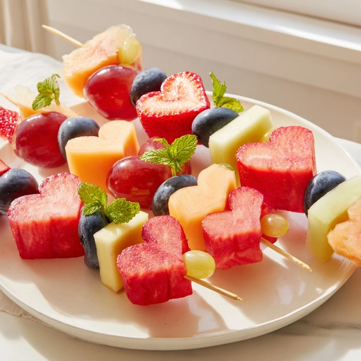 Bright red heart-shaped strawberries and melons adorn these Berry Good Heart Fruit Skewers, perfect for a fresh treat.