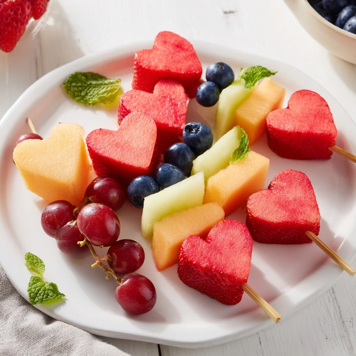 Arrange delicious Berry Good Heart Fruit Skewers with vibrant berries and melons, ready for a fun, fruity dessert.