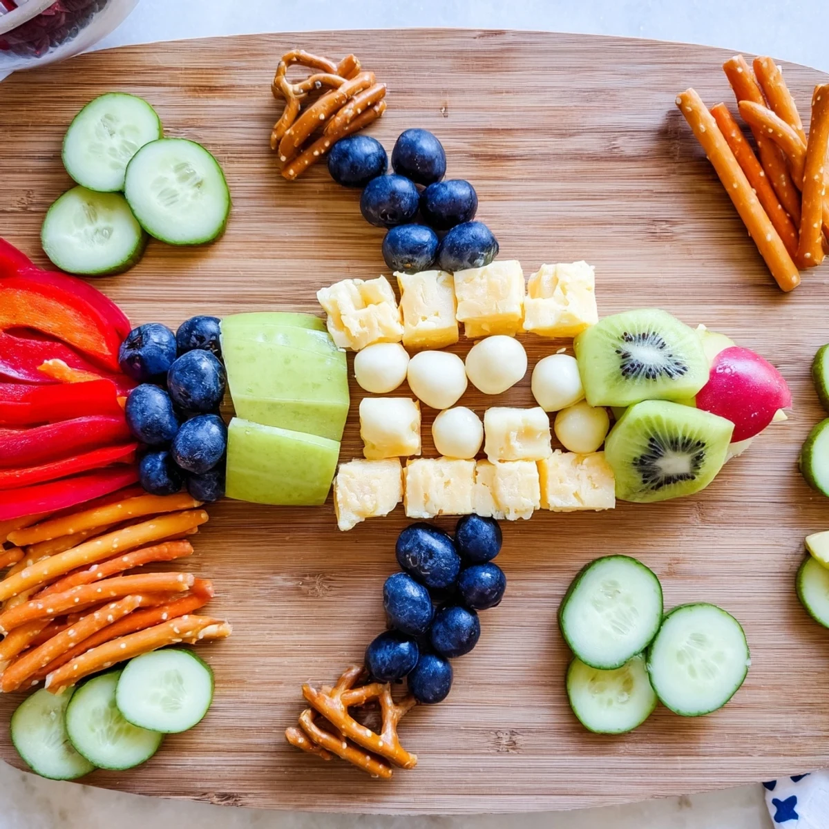 Whimsical spaceship launch snack board overflowing with colorful fruits, cheese, crisp vegetables, and crunchy treats.