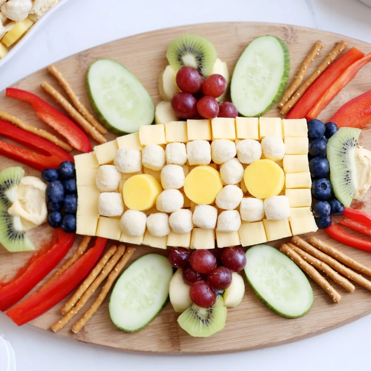 The spaceship launch snack board features a playful food arrangement, full of healthy snacks and fun shapes.