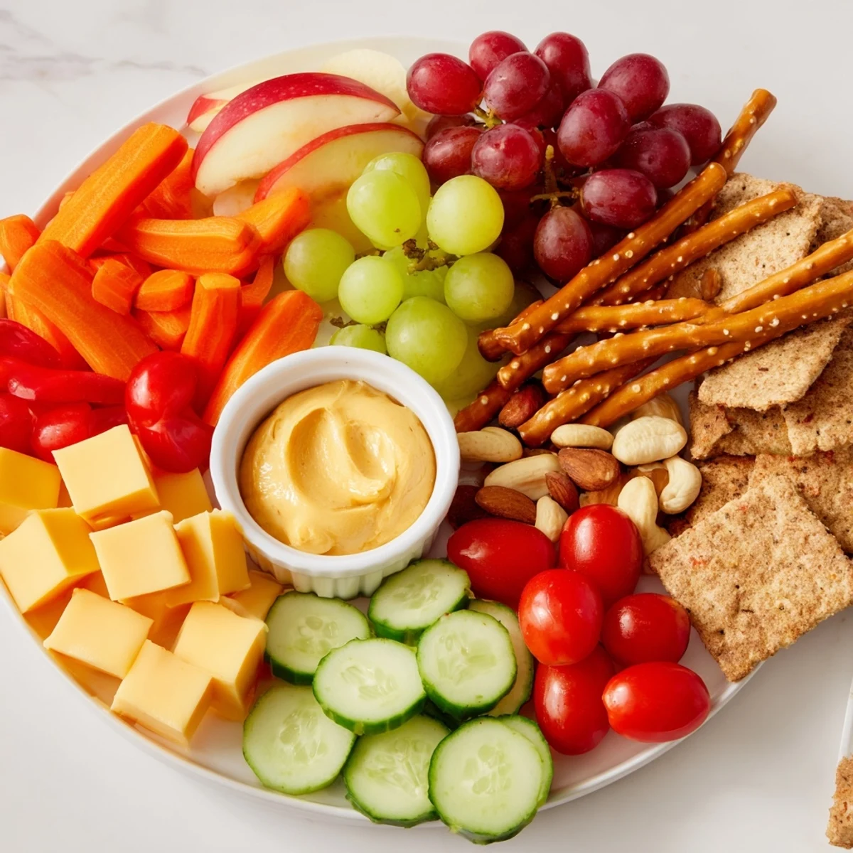 Road Trip Snack Platter: a colorful spread of fresh fruits, savory snacks, and cheeses for travel.