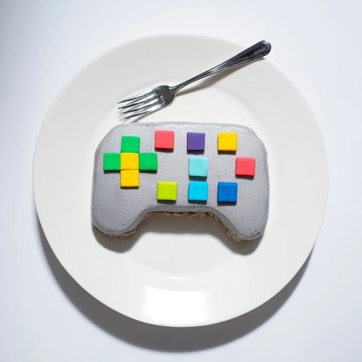 A colorful Pixel Video Game Controller Cake, meticulously crafted with vibrant fondant decorations for a gamer.