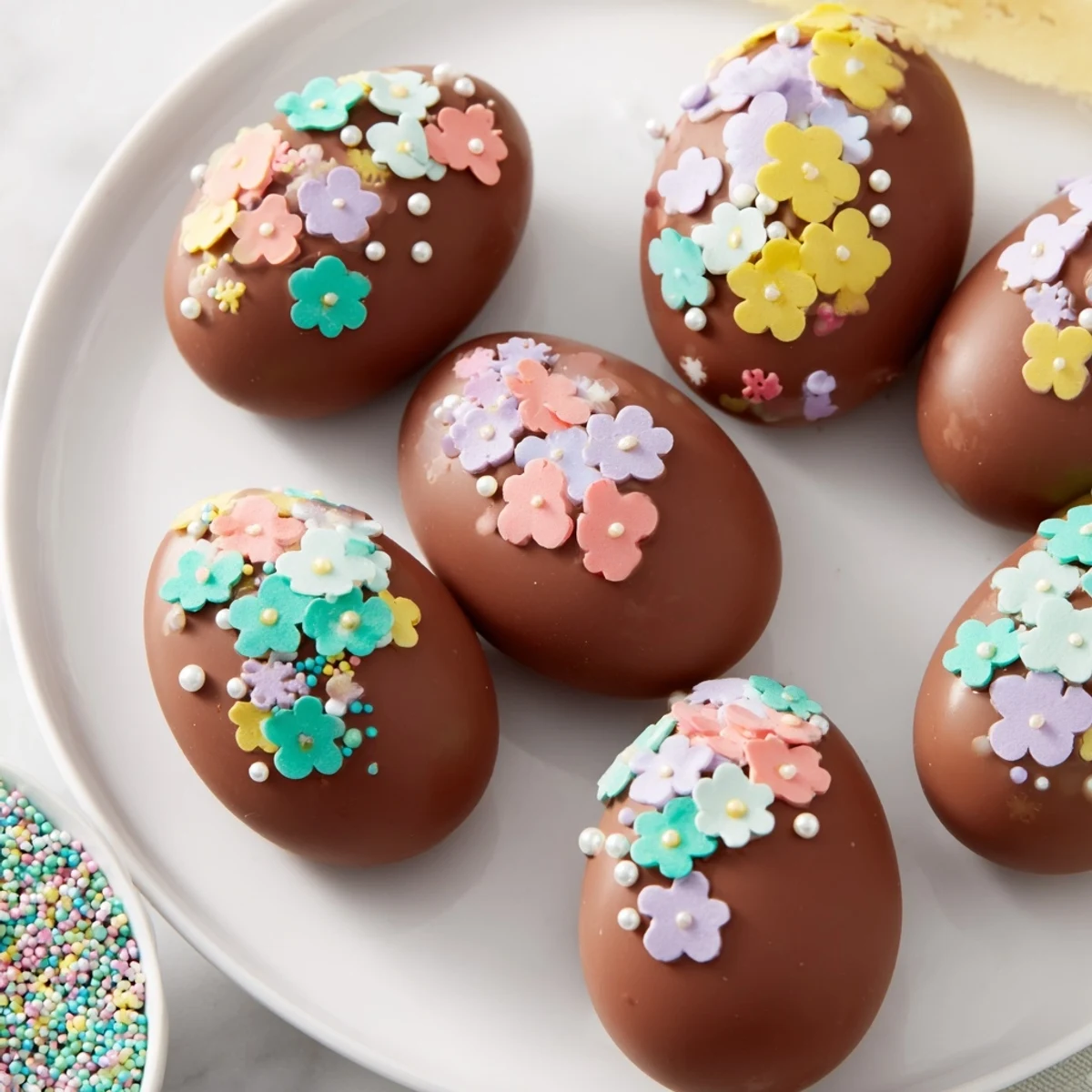Decorated Easter egg candy, a colorful display of homemade treats with vibrant sprinkles.