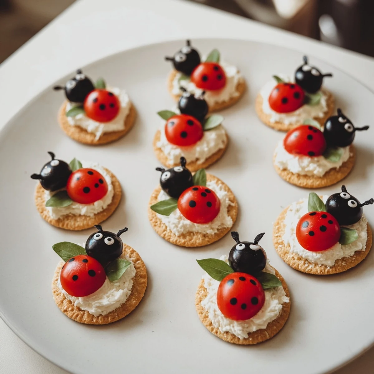 Fresh Garden Snacks: delightful ladybug tomato & olive bites served on crackers; perfect appetizer.