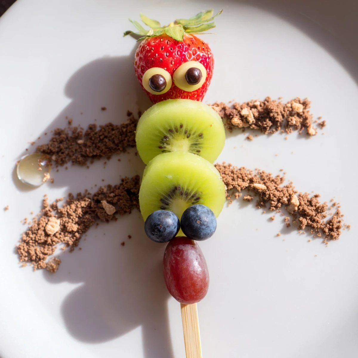 Sweet Caterpillar Fruit Skewers sit on a crumb track, a whimsical and healthy treat for kids to enjoy.