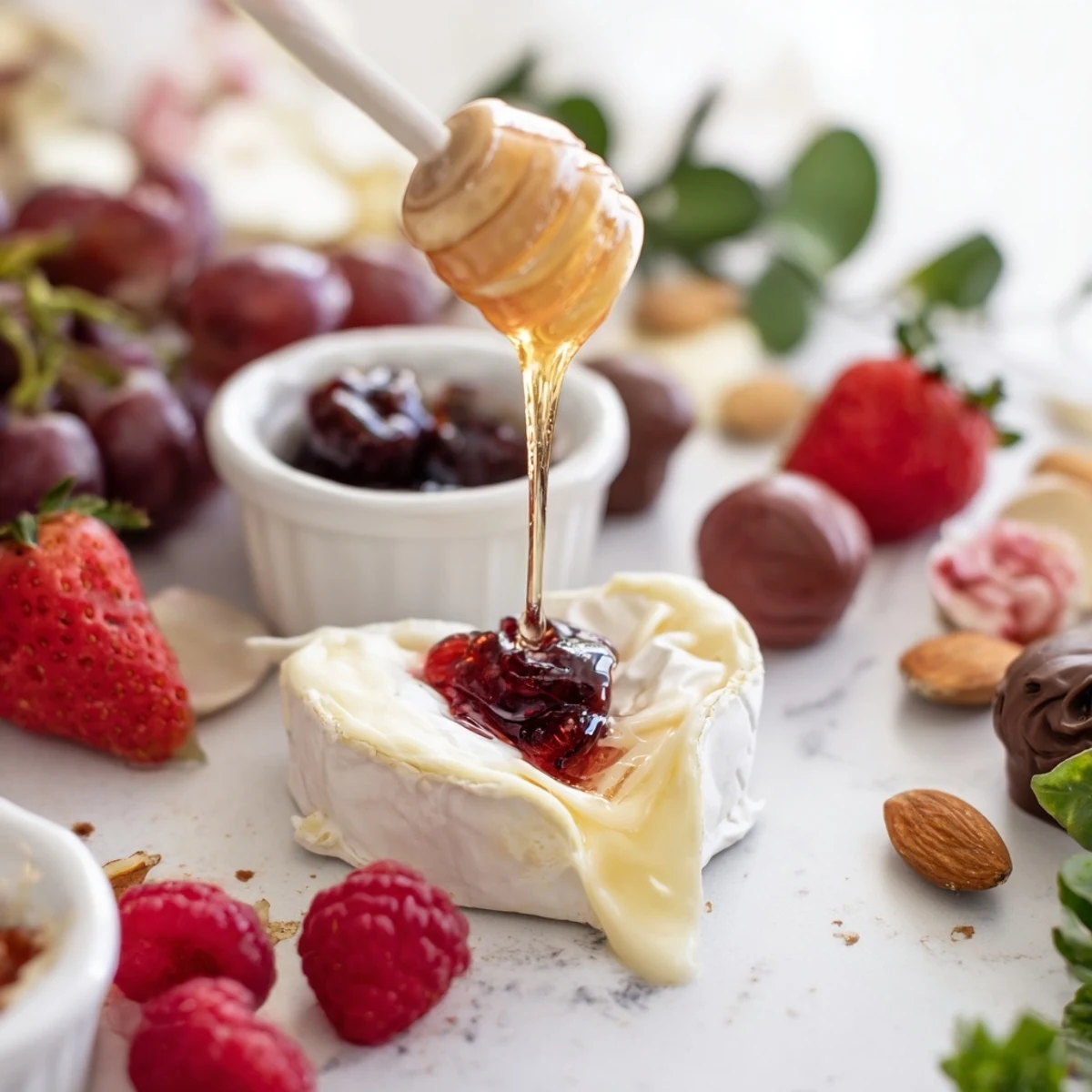 Sweetheart Brie and Jam Board elegantly arranged with fresh fruit, ripe Brie, and assorted crackers.