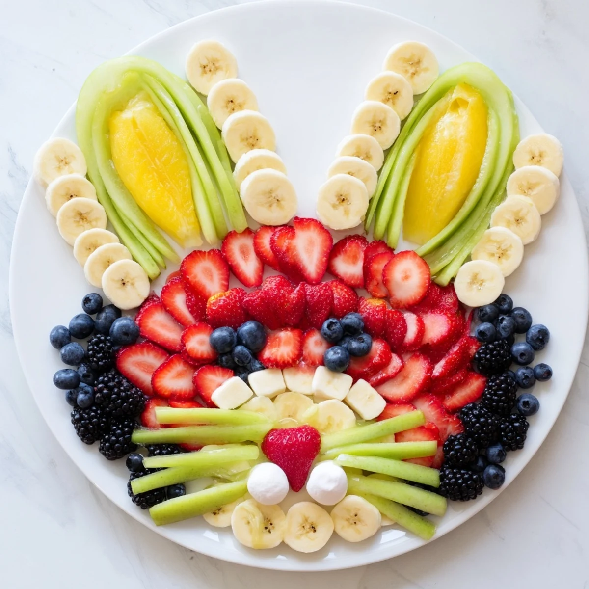 Bunny Face Fruit Salad Platter with vibrant strawberries, kiwi, and bunny ears for Easter brunch.
