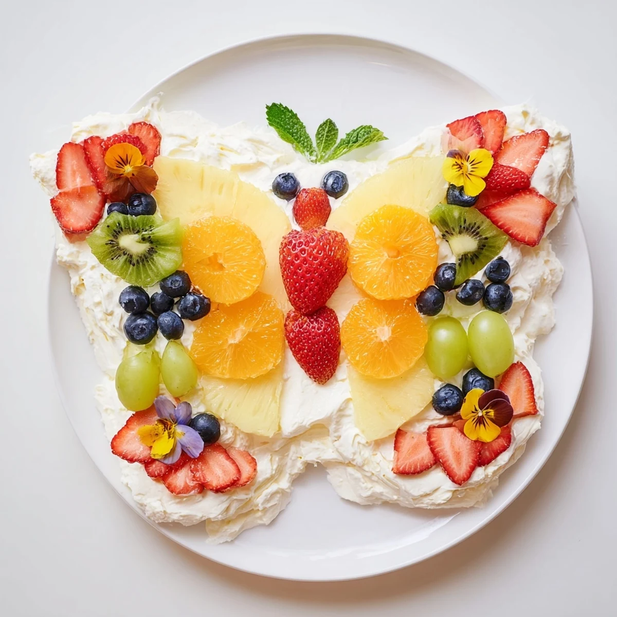 Colorful Butterfly Fruit and Cream Cheese Board arrangement showcasing pineapple butterflies, ripe berries, and gluten-free cookies.