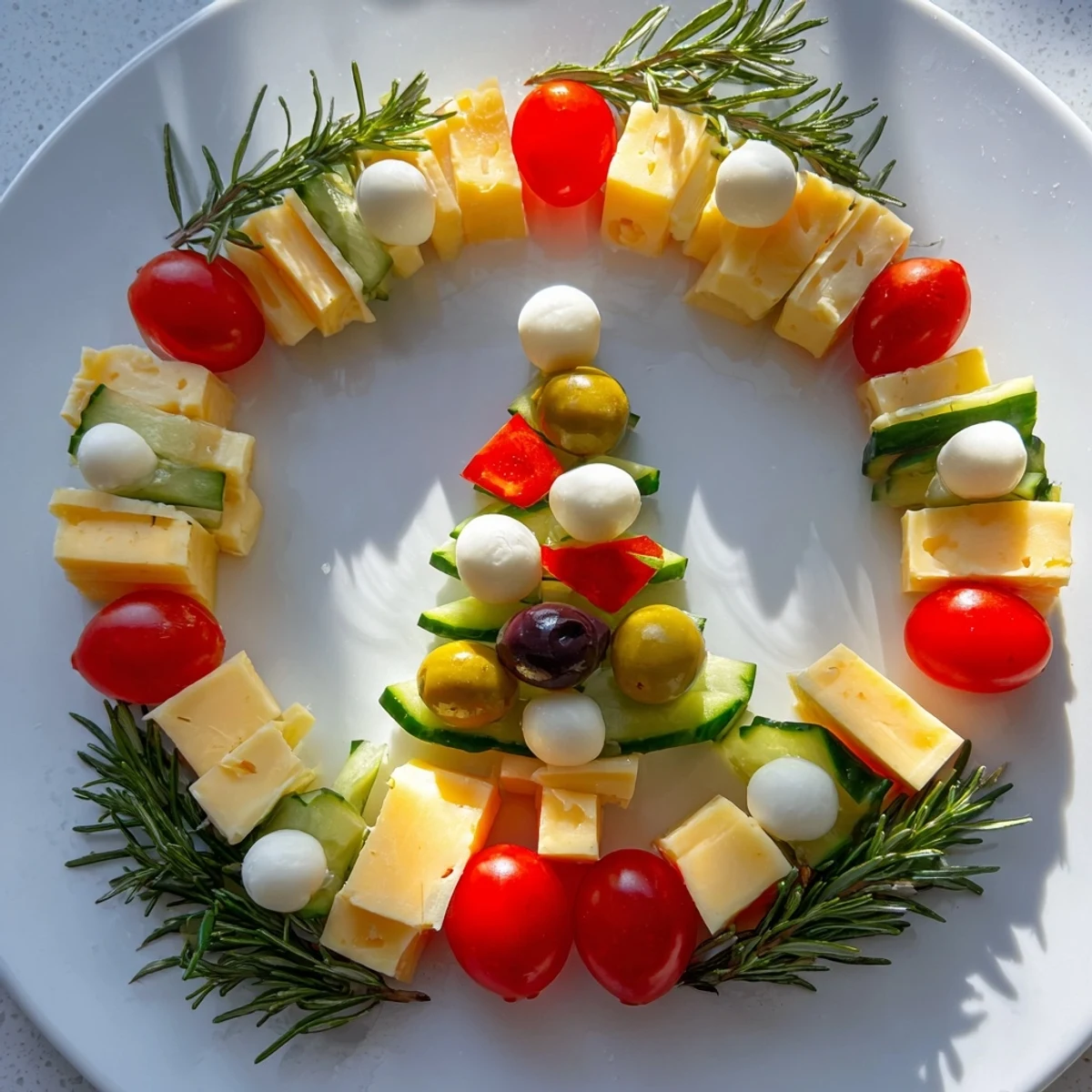 Festive cheese & olives pine tree wreath showcasing colorful olives and cheeses, perfect appetizer for holidays.