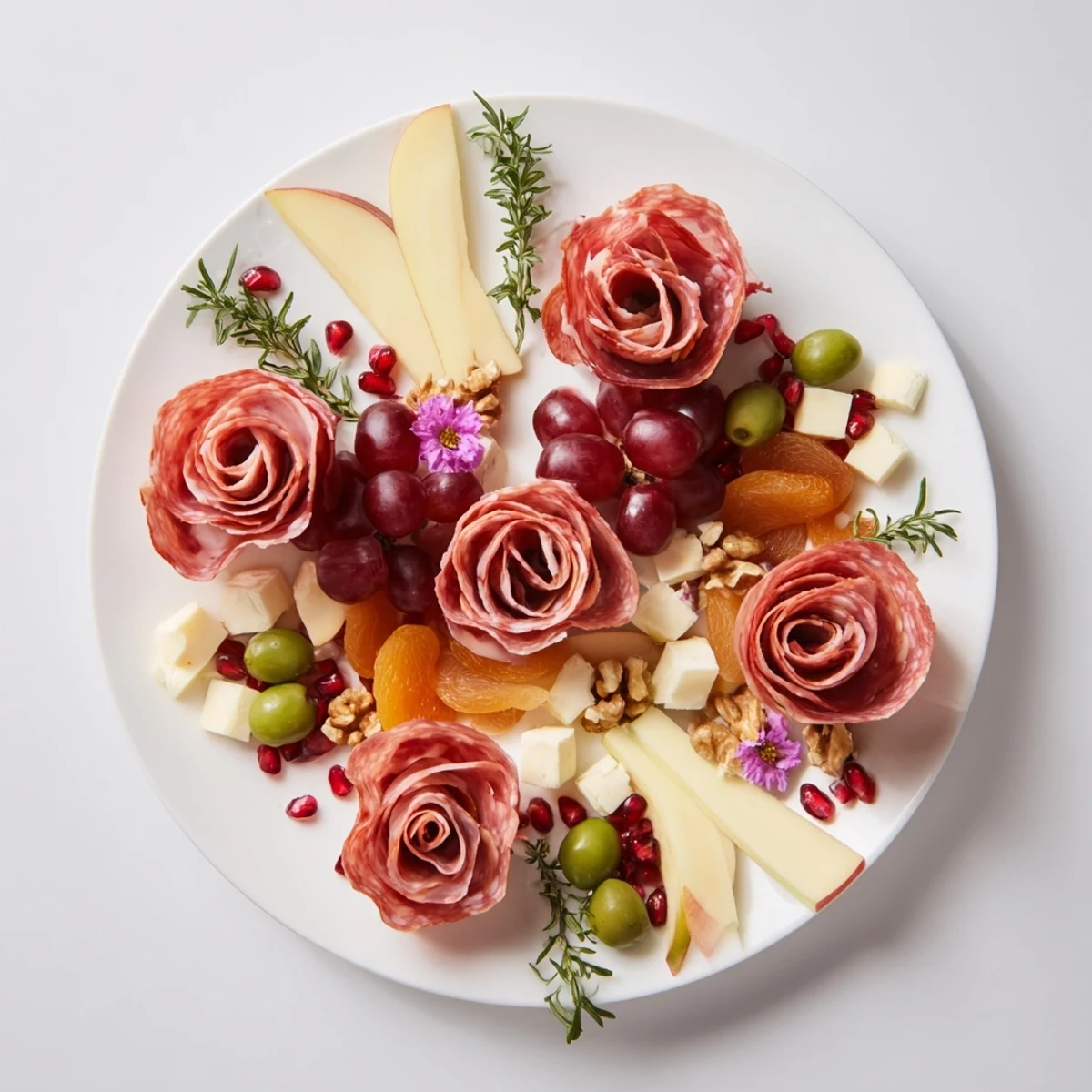 Delicious holiday charcuterie featuring a meat rose bouquet and tasty cheeses, ready to serve.