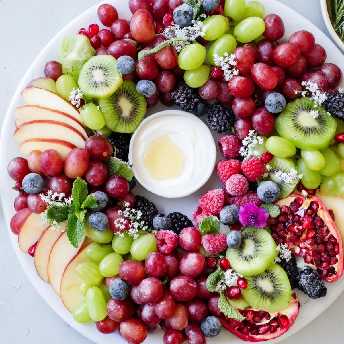 A festive holiday Winter Berry Wreath Fruit Board, overflowing with bright berries, grapes, and crisp apple slices.