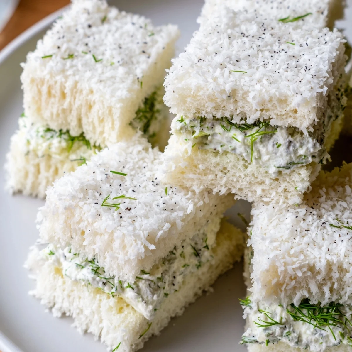 Beautiful close-up of Snowball Tea Sandwich Bites, perfectly round and coated in sweet coconut flakes.