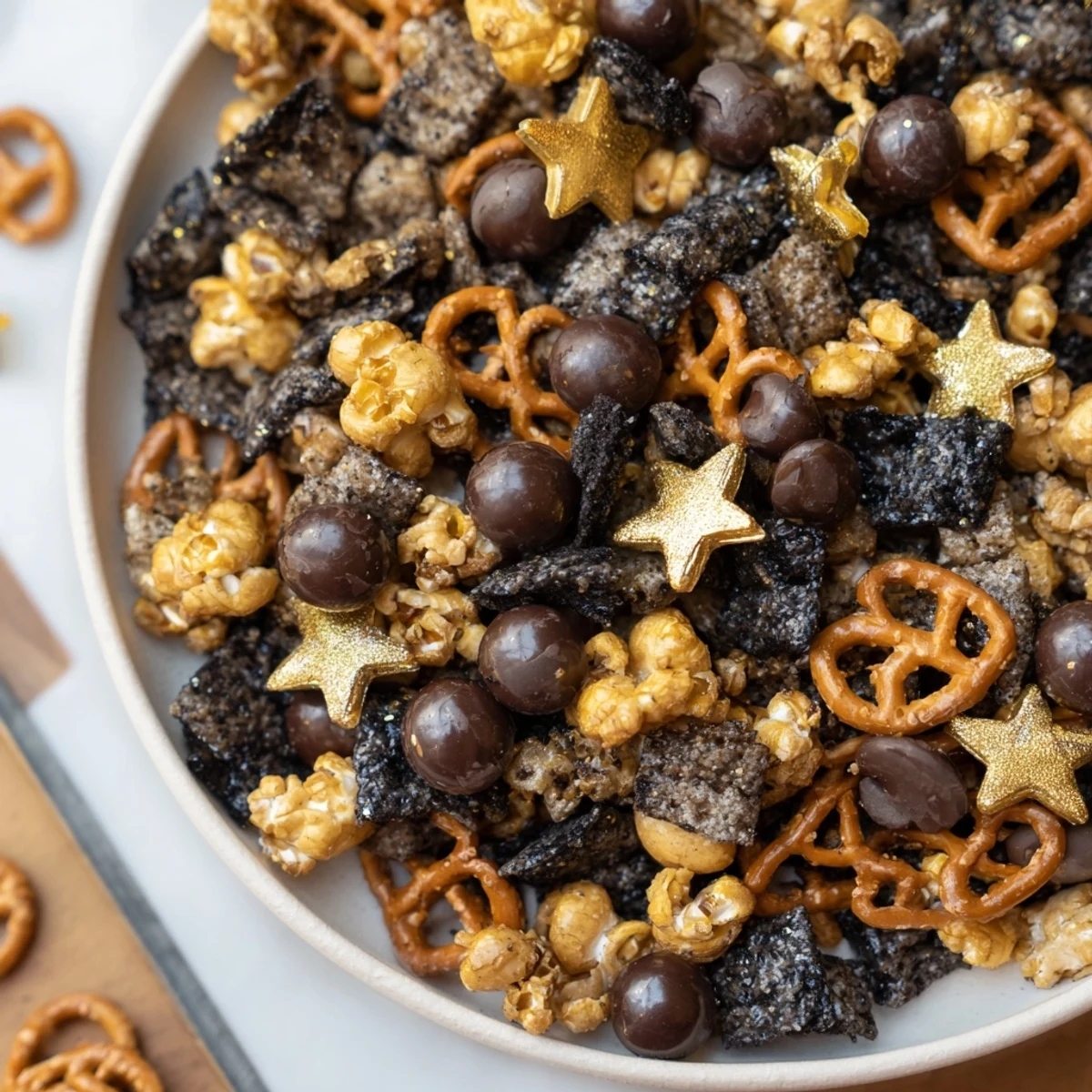 A bowl of delicious Midnight Snack Mix, crunchy with honey, perfect for game nights or parties.