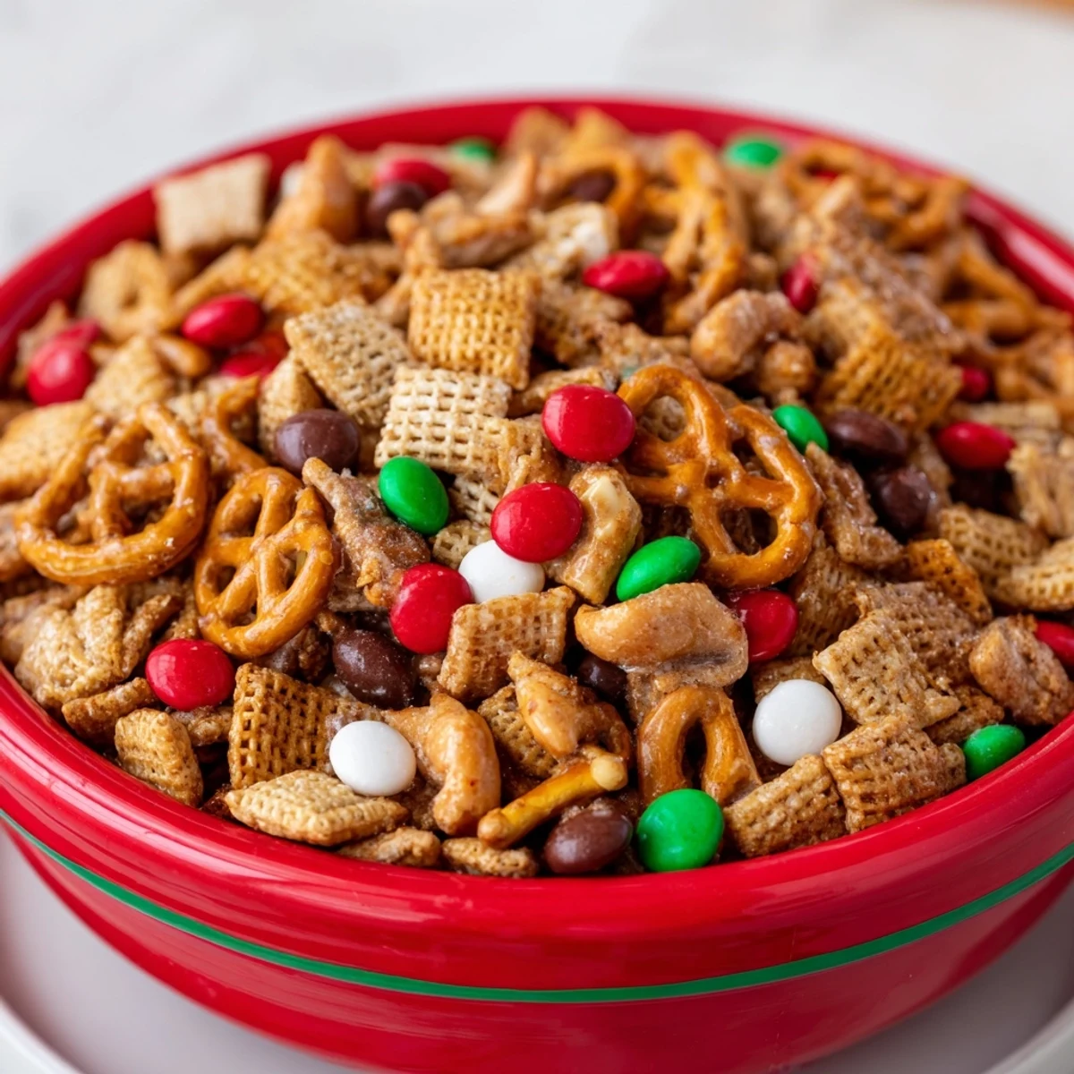 Festive holiday mix bursting with crunchy Chex, pretzels, and colorful candies; ready to eat.