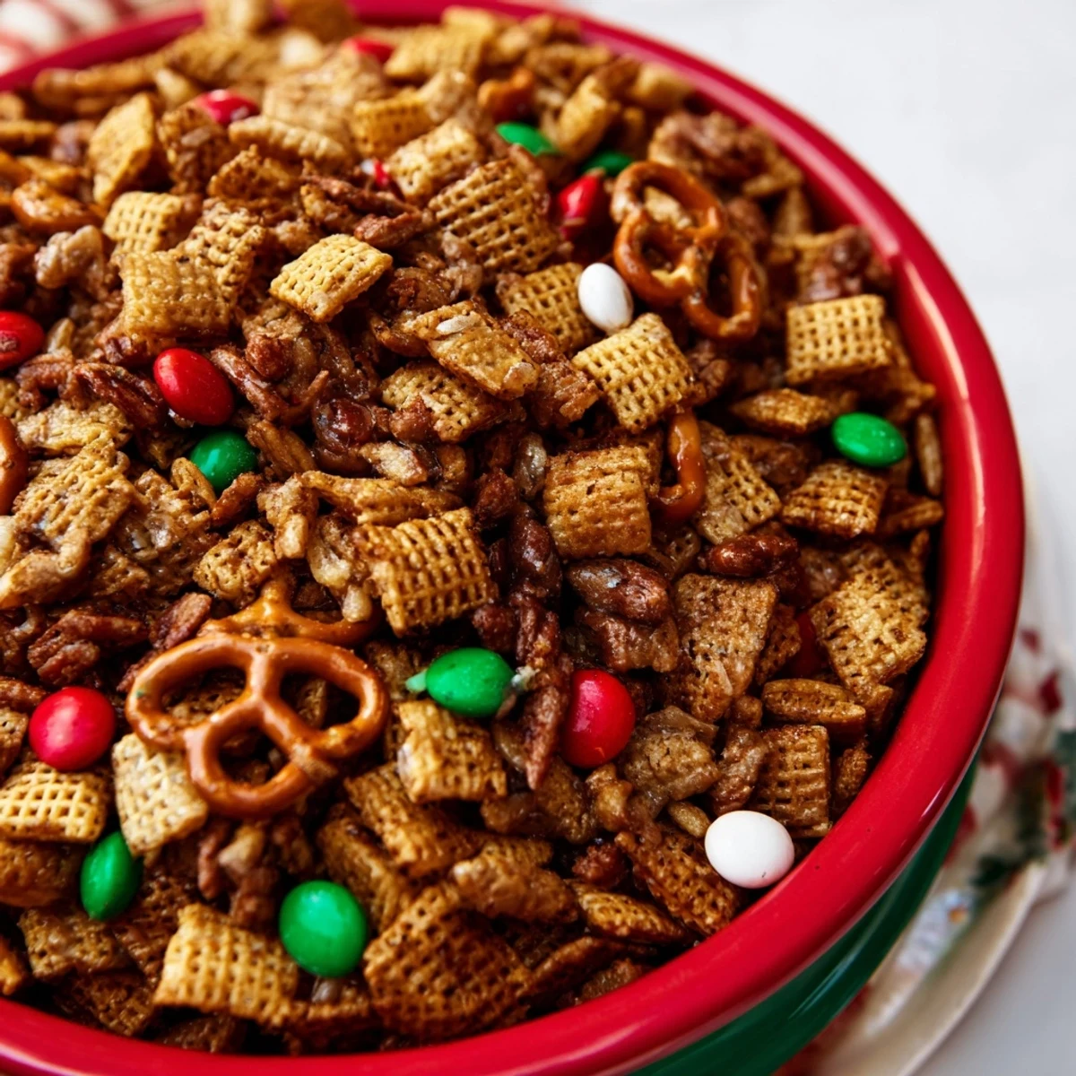 A close-up of a vibrant bowl filled with holiday mix, perfect for sharing at gatherings.