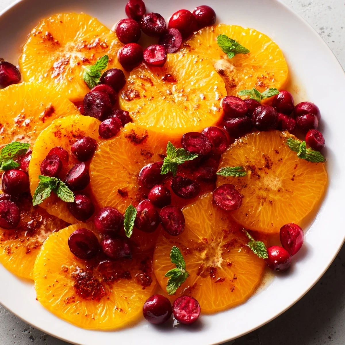 Fresh orange slices and cranberries beautifully arranged; a perfect winter fruit dish.