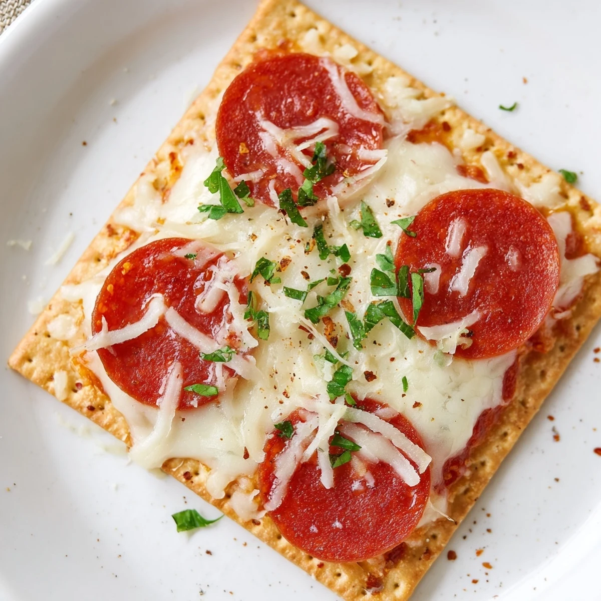 Golden-brown Savory Bites: Pepperoni on crispy crackers, sprinkled with parmesan and ready to serve.