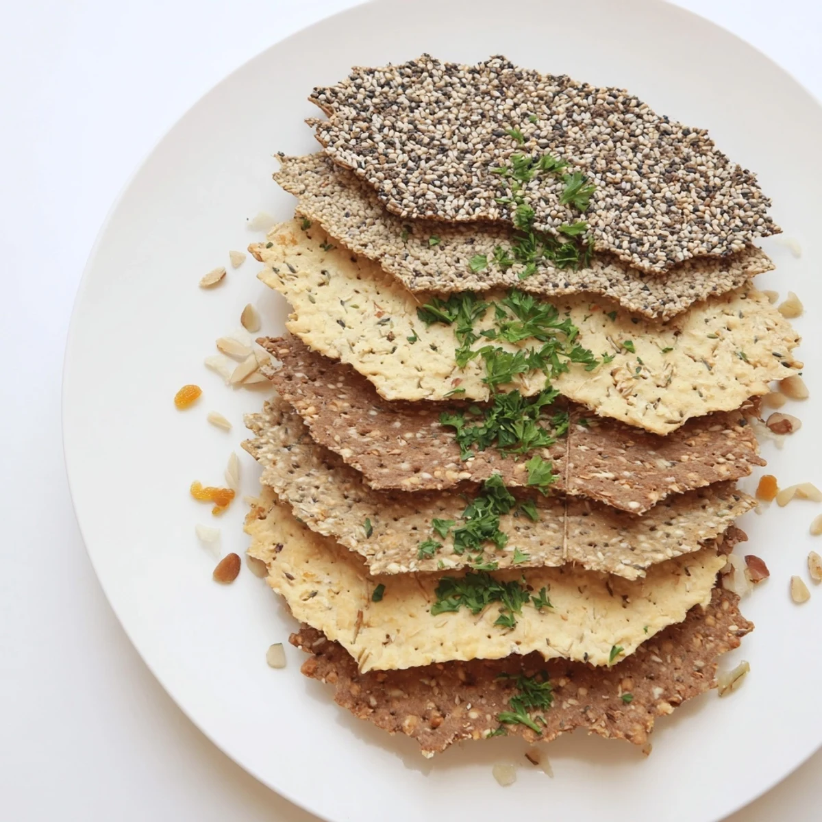 Layered fan of gourmet crackers, perfect for appetizers, displays a delicious variety for snacking.