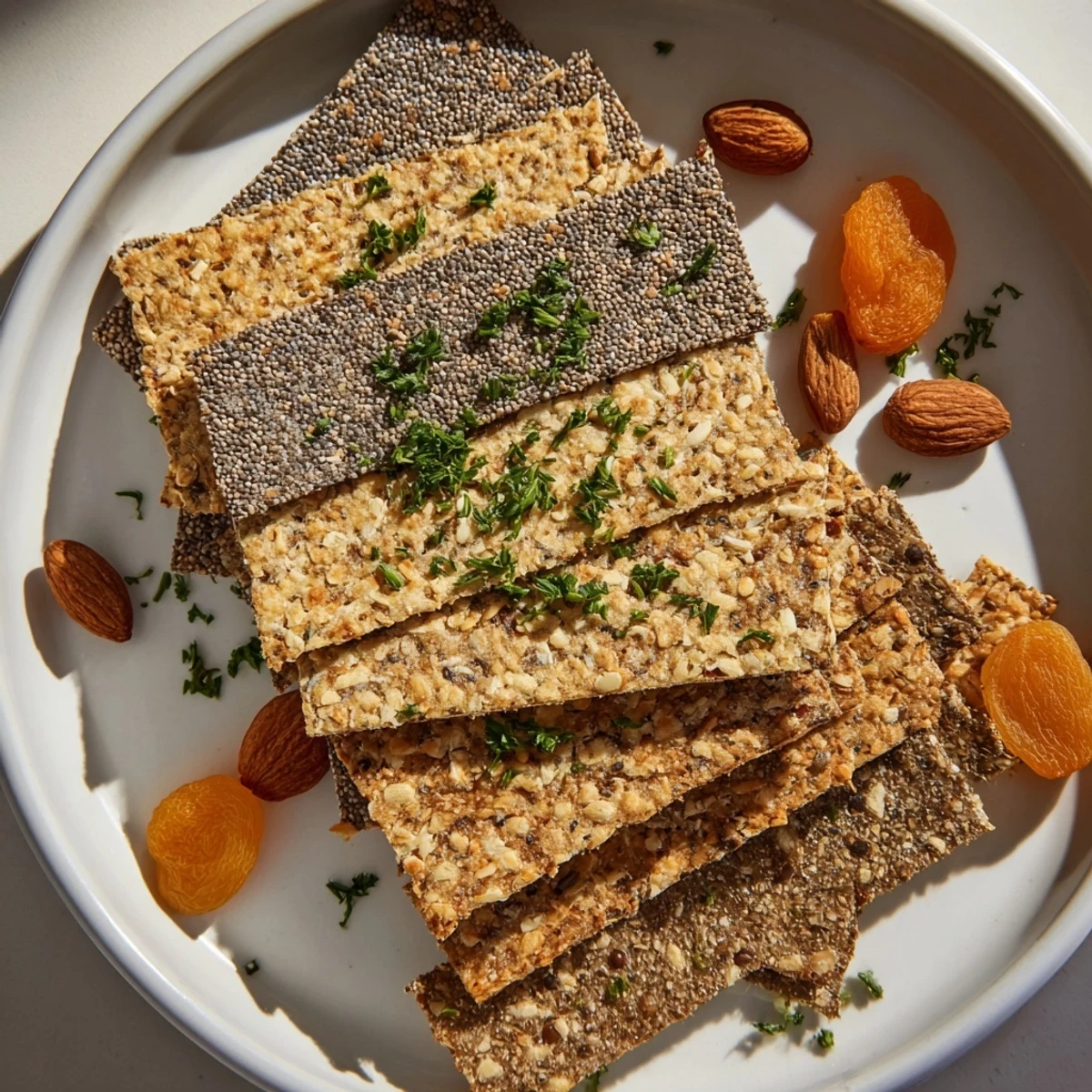 Artfully arranged gourmet crackers on a platter, ready to pair with cheese, provide a tasty treat.