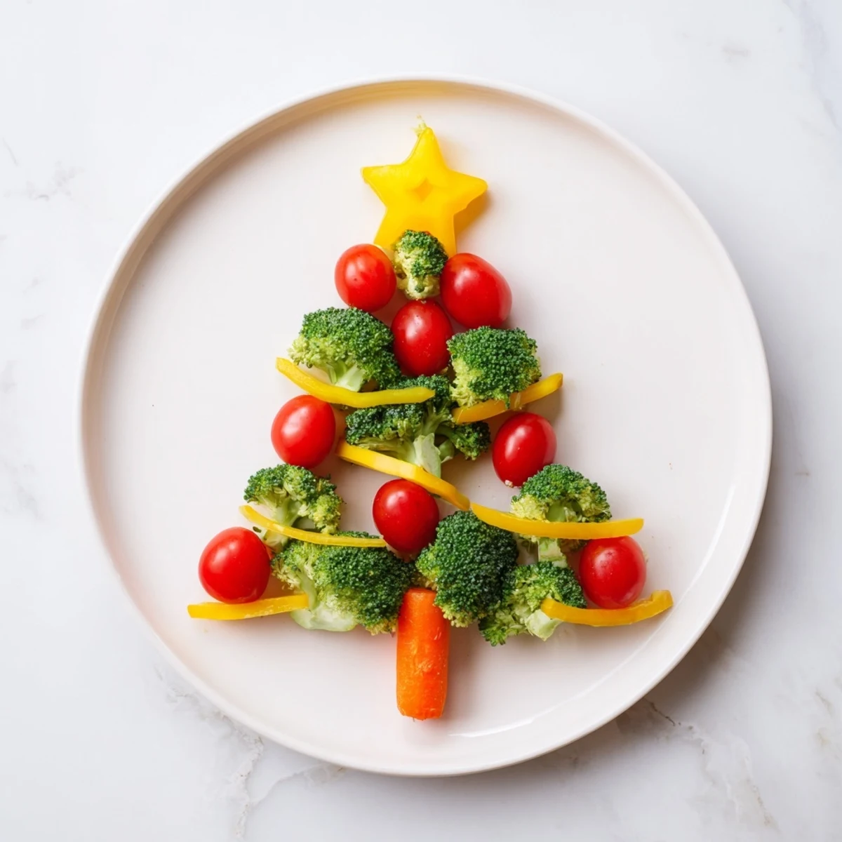 Bright green Broccoli Tree, adorned with red cherry tomatoes, ready for a festive, healthy appetizer.
